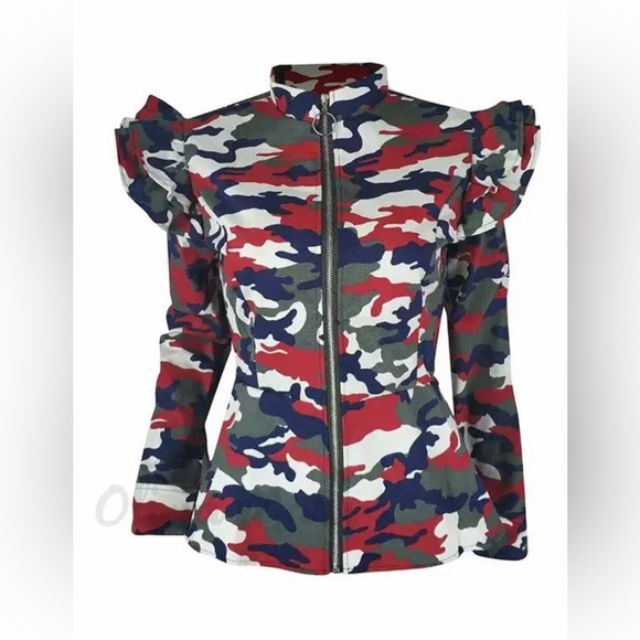 Jackets & Blazers - Red and Green Bomber Jacket with Abstract Pattern